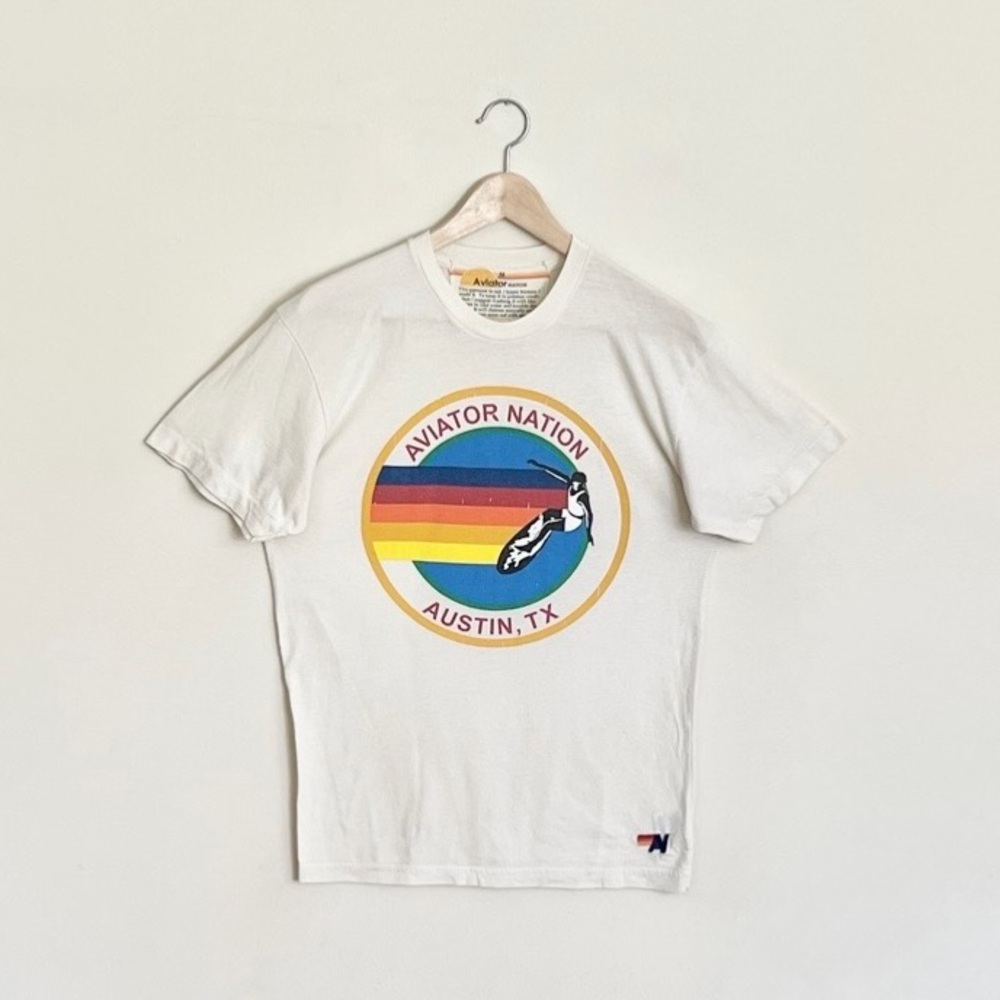 Aviator Nation Signature Surf Austin Graphic Off White T Shirt Adult size Medium